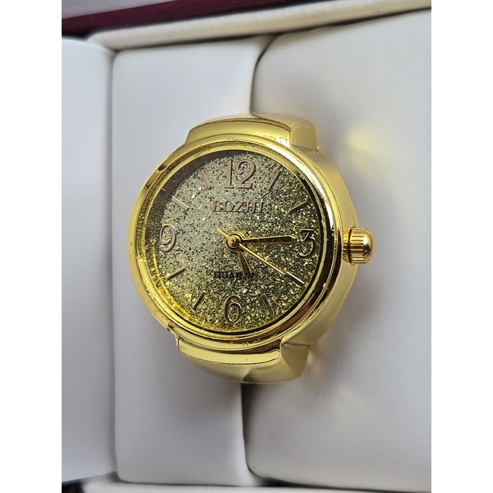 Bozhi Gold Glitter Dial Unisex Quartz Finger Ring Watch Stretch Band New Battery